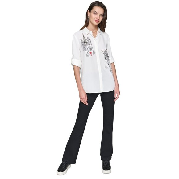 KARL LAGERFELD PARIS Embellished Eiffel Tower Button-Down Top White Size XL $99 - Picture 5 of 6